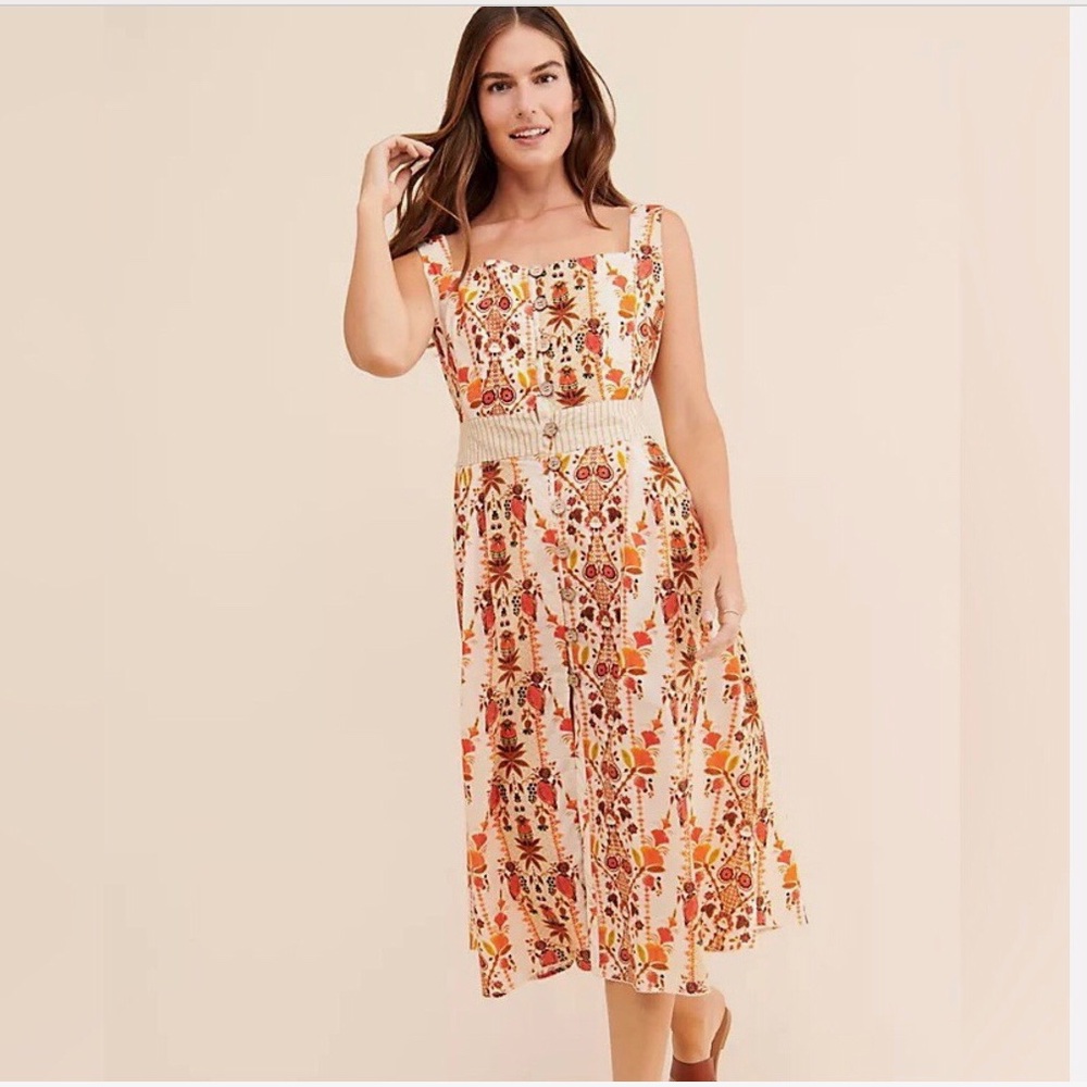 AGUA BENDITA GOLDENROD BUTTON MIDI DRESS BY ANTHROPOLOGIE FLORAL COTTON DRESS - Picture 1 of 16